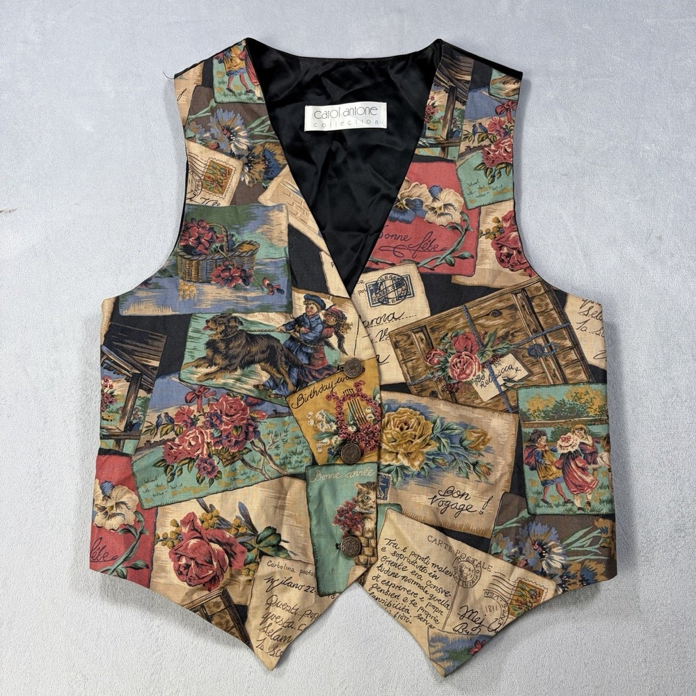 Carol Antone Collection Womens V-Neck Postcards Floral Waistcoat Vest Small
